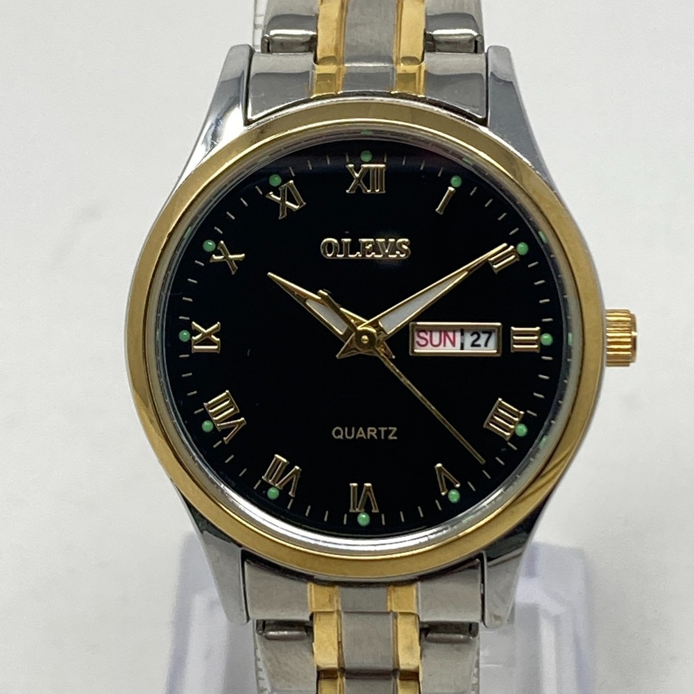 Olevs Women's Watch 29mm Silver Gold Tone Day Date Black Dial New Battery 6.25"